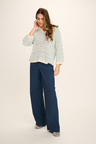 Mara Cotton V-Neck Top - Pale Blue, Off White Striped