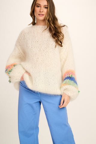 Emily Mohair Pullover Round Neck - Off White with Coloured Sleeves
