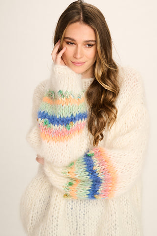Emily Mohair Pullover Round Neck - Off White with Coloured Sleeves