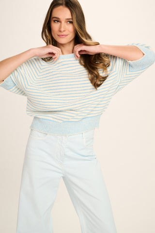 Liliane Cotton Knitted T-Shirt - Jeans Blue, Off White Striped