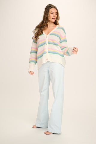 Monica Alpaca Cardigan Short -Off White With Multicolour Stripes