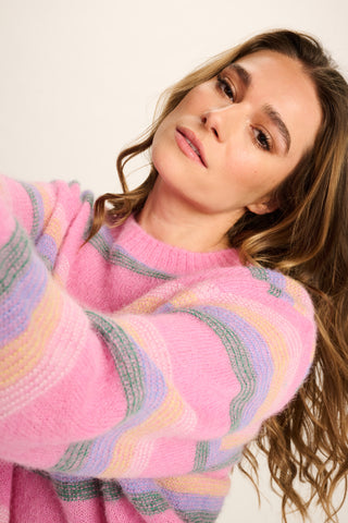 Deanna Alpaca Pullover Round Neck - Candy Pink With Multicolour Stripes