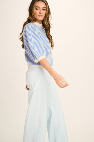 Federica Alpaca Puff Sleeve Pullover - Jeans Blue, Off White Striped