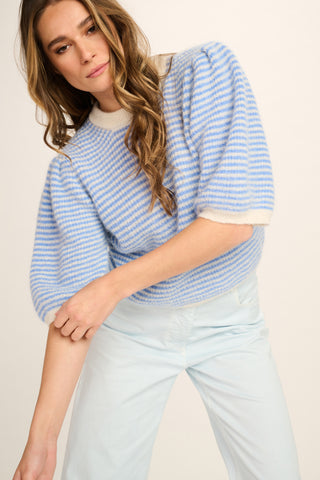 Federica Alpaca Puff Sleeve Pullover - Jeans Blue, Off White Striped