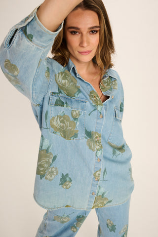 Sofia Cotton Shirt - Jeans Blue With Flower Stamp