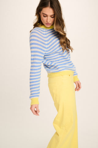 Cristina Alpaca Pullover Round Neck - Blue White Stripes Yellow Cuffs