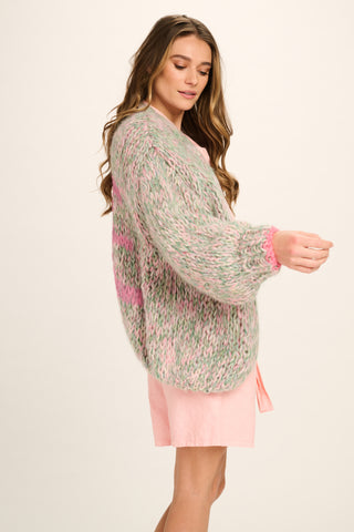 Logan Alpaca Cardigan Short - Green Pink Off White - Love Grafitti