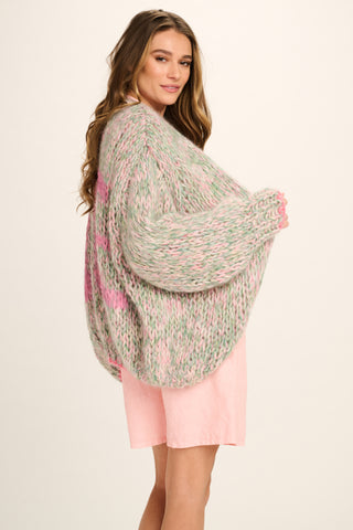 Logan Alpaca Cardigan Short - Green Pink Off White - Love Grafitti