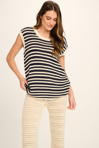 Manuela Cotton Top - Navy, Off White Striped