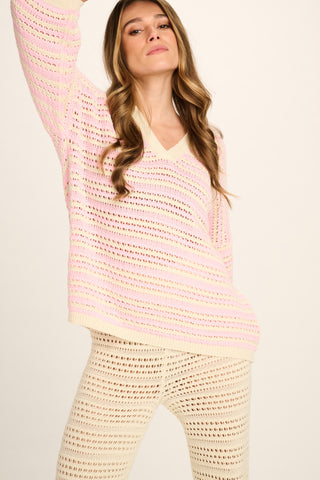 Mara Cotton V-Neck Top - Pale Pink, Off White Striped