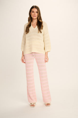 Evi Cotton Pants - Pale Pink, Off White Striped