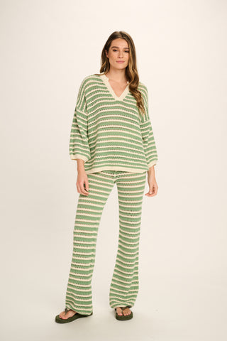 Evi Cotton Pants - Sage, Off White Striped