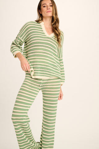Evi Cotton Pants - Sage, Off White Striped