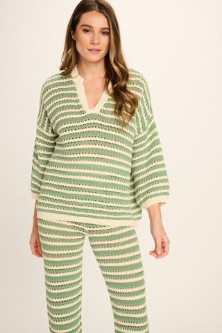 Evi Cotton Pants - Sage, Off White Striped