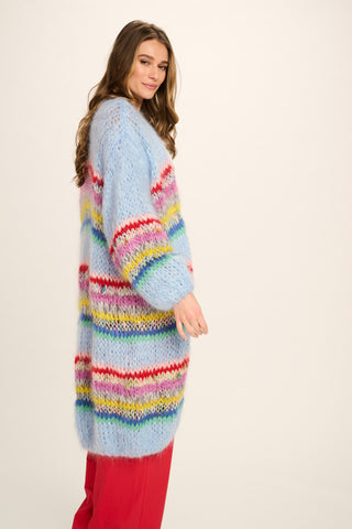 Ellis Mohair Cardigan Long - Pale Blue with Stripes
