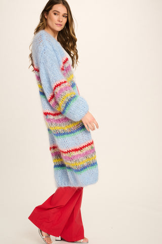 Ellis Mohair Cardigan Long - Pale Blue with Stripes