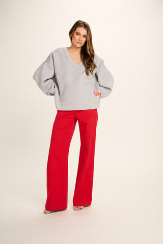 Anna Cotton Sweatshirt V-Neck - Grey - With Flamingo
