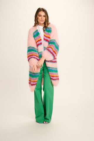 Ellis Mohair Cardigan Long - Pink with Stripes