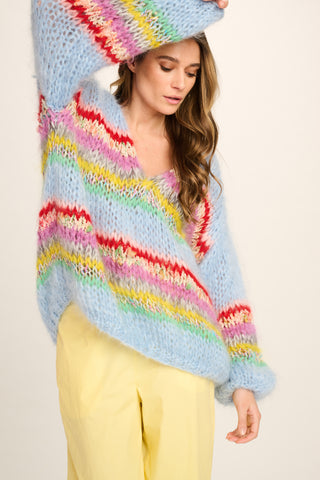 Eleanor Mohair Pullover V-Neck - Pale Blue with Stripes