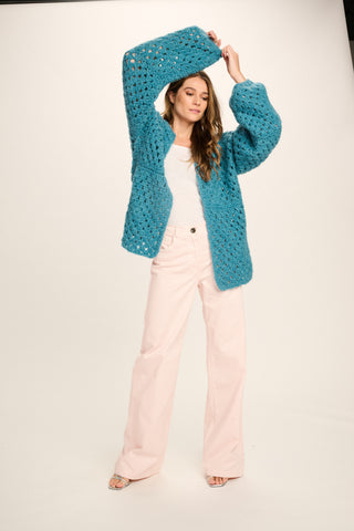 Layla Cashmere Cardigan Short - Petrol Blue Crochet