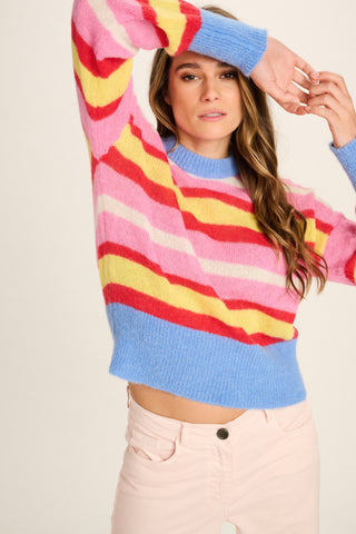 Simona Alpaca Pullover Round Neck - Candy Pink, Yellow Red, Off White With Blue Cuffs