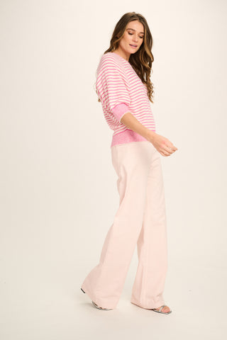 Liliane Cotton Knitted T-Shirt - Candy Pink, Off White Striped