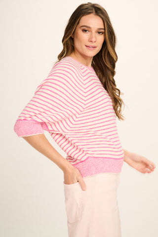 Liliane Cotton Knitted T-Shirt - Candy Pink, Off White Striped