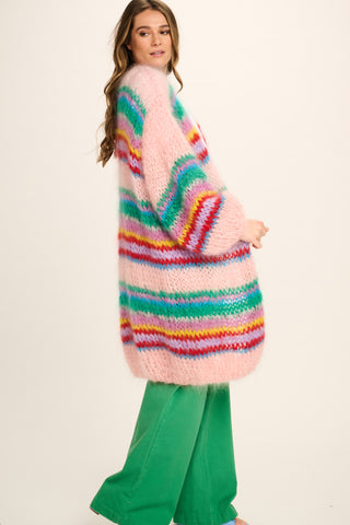 Ellis Mohair Cardigan Long - Pink with Stripes