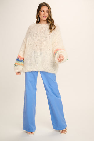 Emily Mohair Pullover Round Neck - Off White with Coloured Sleeves