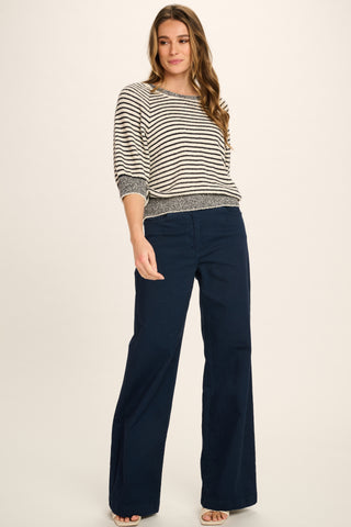 Liliane Cotton Knitted T-Shirt - Navy, Off White Striped