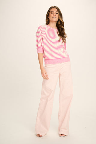 Liliane Cotton Knitted T-Shirt - Candy Pink, Off White Striped