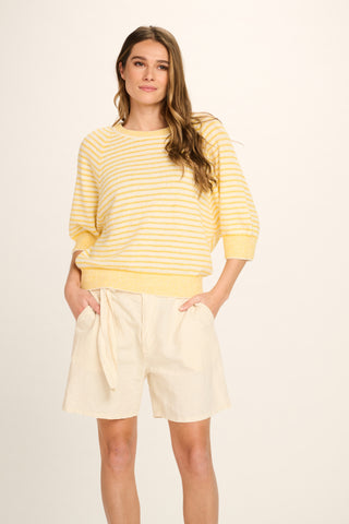 Liliane Cotton Knitted T-Shirt - Yellow, Off White Striped