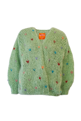 Odile Mohair Cardigan Short - Green Coloured Hearts