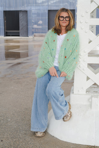 Odile Mohair Cardigan Short - Green Coloured Hearts