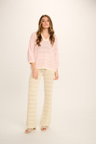 Mara Cotton V-Neck Top - Pale Pink, Off White Striped