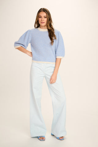 Federica Alpaca Puff Sleeve Pullover - Jeans Blue, Off White Striped