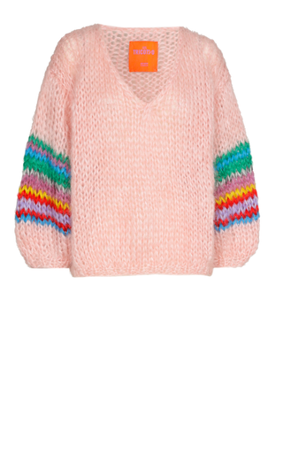 Mohair Pullover V-Neck - Pink with Coloured Sleeves