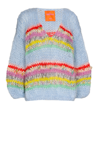 Mohair Pullover V-Neck - Pale Blue with Stripes