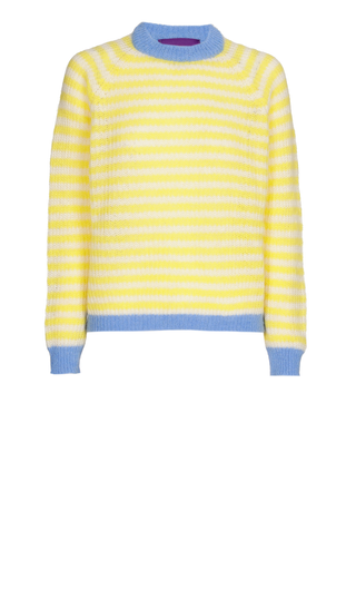 Cristina Alpaca Pullover Round Neck Yellow White Stripes Blue Cuffs