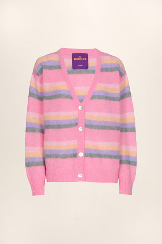 Monica Alpaca Cardigan Short - Candy Pink With Multicolour Stripess