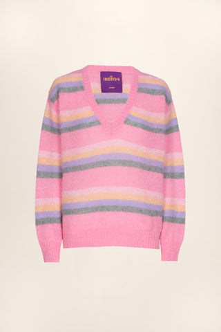 Scilla Alpaca Pullover V-Neck - Candy Pink With Multicolour Stripess