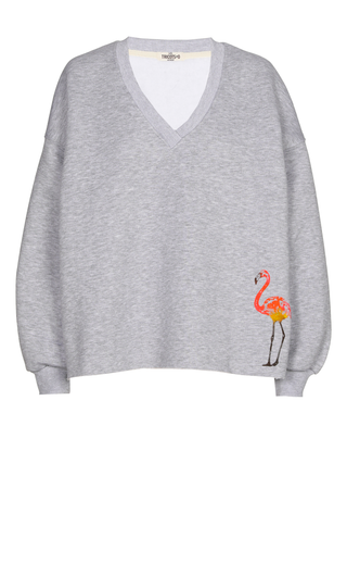 T Cotton Sweatshirt V Neck - Grey with Flamingo