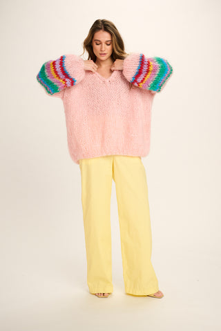 Eleanor Mohair Pullover V-Neck - Pink with Coloured Sleeves