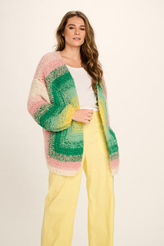 Laura Cashmere Cardigan Short - Pink Green Yellow Off White Crochet