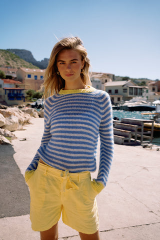 Cristina Alpaca Pullover Round Neck - Blue White Stripes Yellow Cuffs