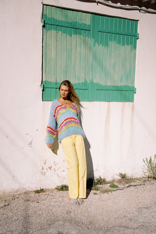 Eleanor Mohair Pullover V-Neck - Pale Blue with Stripes