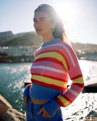 Simona Alpaca Pullover Round Neck - Candy Pink, Yellow Red, Off White With Blue Cuffs